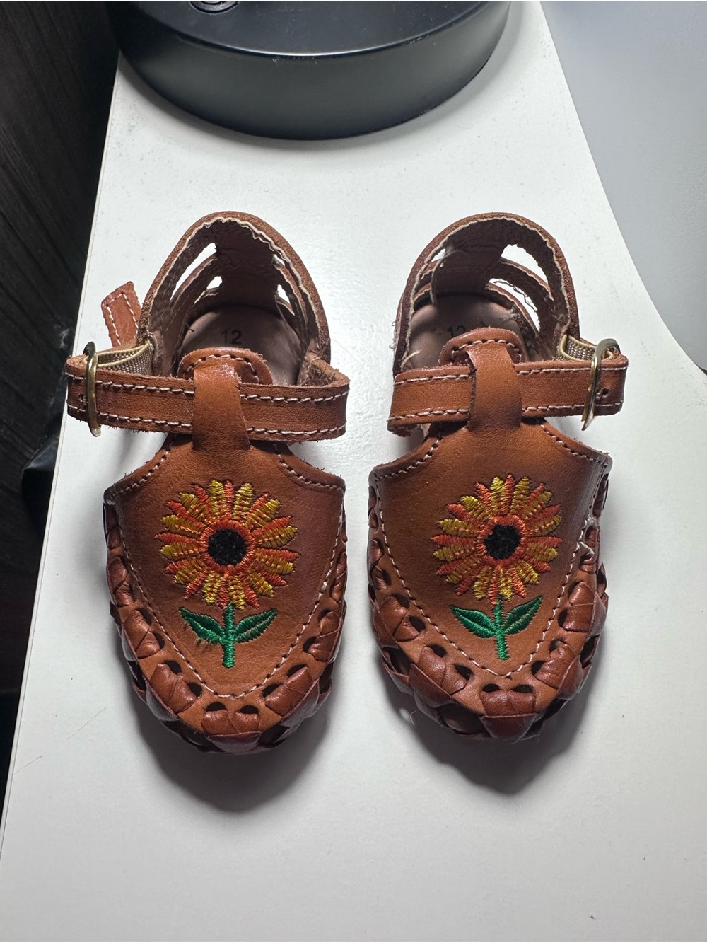 Kids Tan Leather Sandals with Sunflower Embroidery